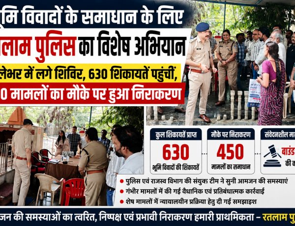 भूमि विवादों के समाधान के लिए रतलाम पुलिस का विशेष अभियान जिलेभर में लगे शिविर, 630 शिकायतें पहुंचीं, 450 मामलों का मौके पर हुआ निराकरण